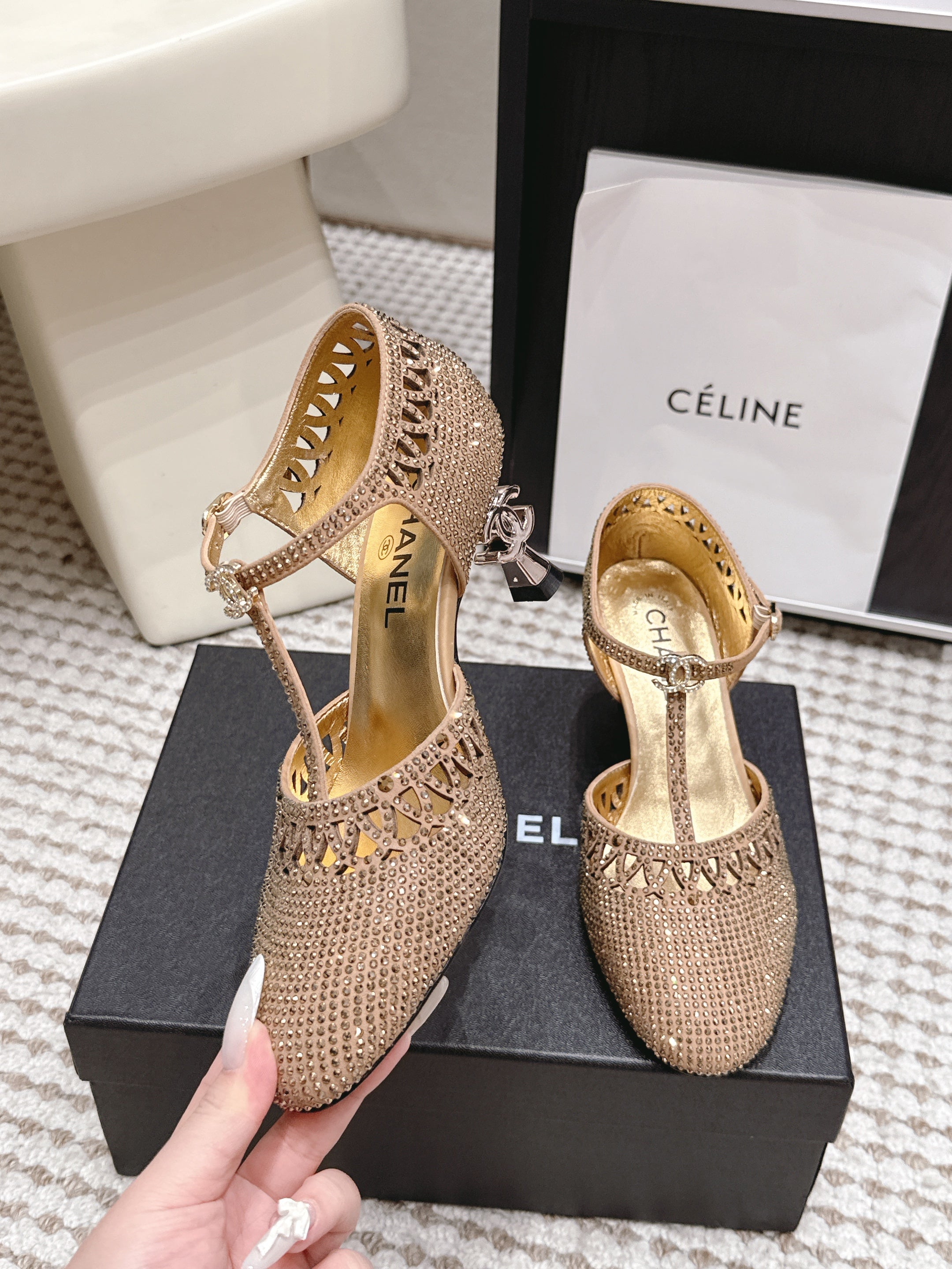 CHANEL 26S HIGH HEELS 50 MM IN BEIGE RHINESTONE EMBELLISHED