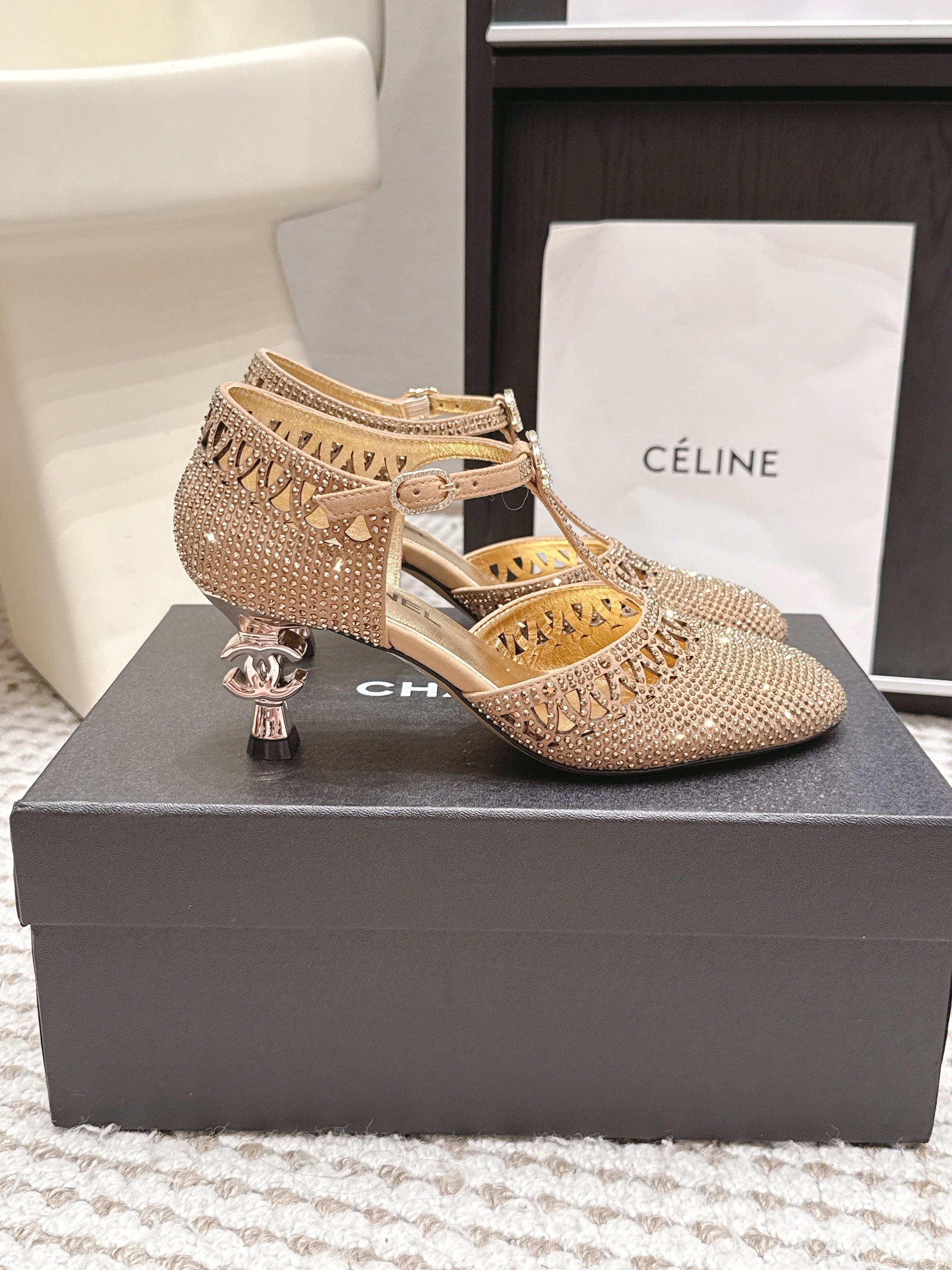 CHANEL 26S HIGH HEELS 50 MM IN BEIGE RHINESTONE EMBELLISHED