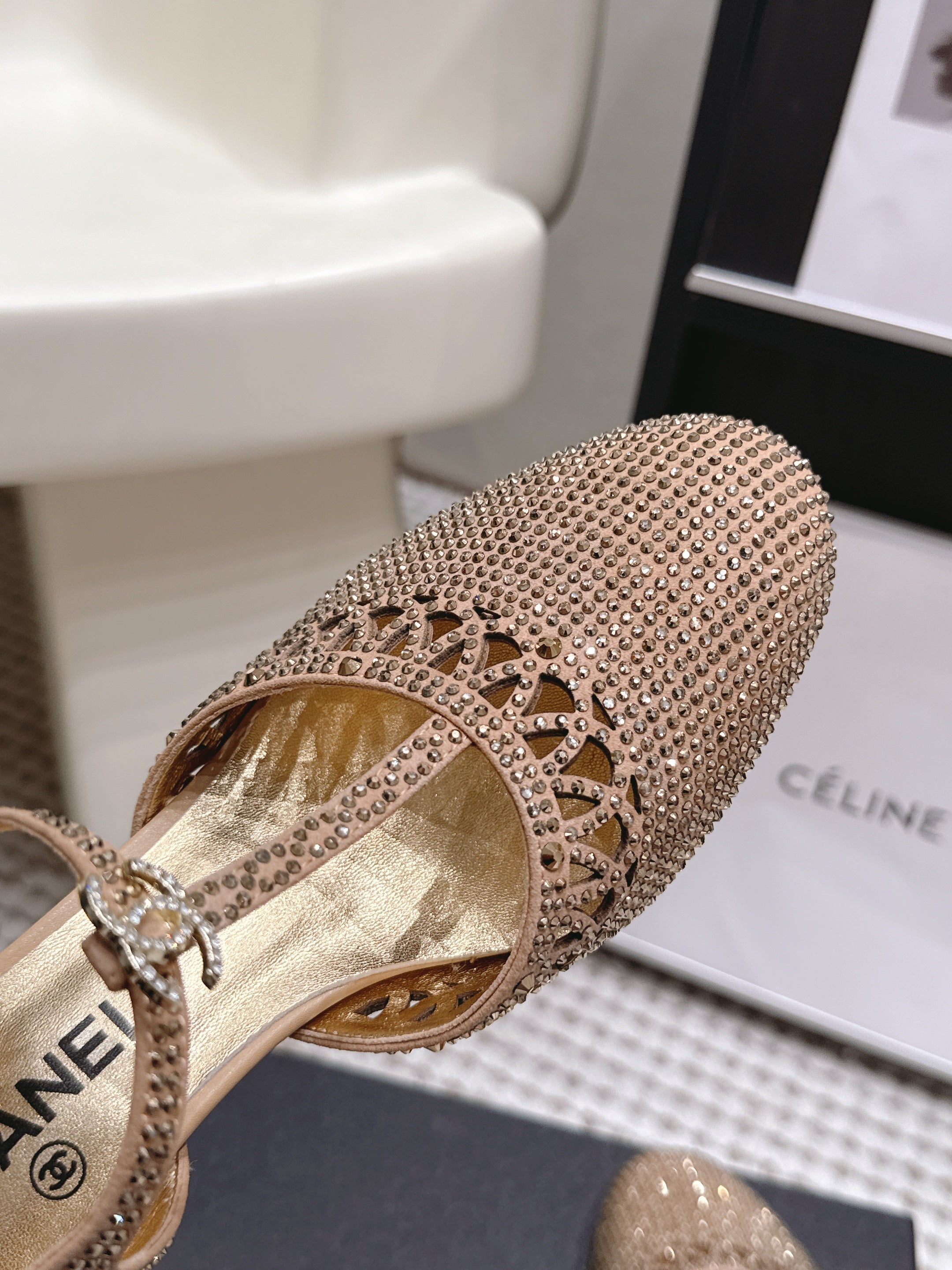 CHANEL 26S HIGH HEELS 50 MM IN BEIGE RHINESTONE EMBELLISHED