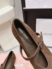 MIUMIU 26S MARY JANE BALLET IN DARK BROWN SUEDE WITH BUCKLE STRAP