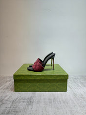 GUCCI 26S MULE SANDALS 110MM IN DARK RED GG CANVAS
