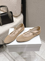 THE ROW 26S MARY JANE FLATS IN BEIGE CALFSKIN AND MESH