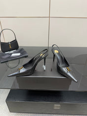 YSL 25S SLINGBACK HIGH HEELS 90 MM IN BLACK LAMBSKIN WITH GOLD HARDWARE STYLE 10