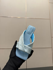 BOTTEGA VENETA 26S SANDALS IN LIGHT BLUE CALFSKIN AND RAFFIA