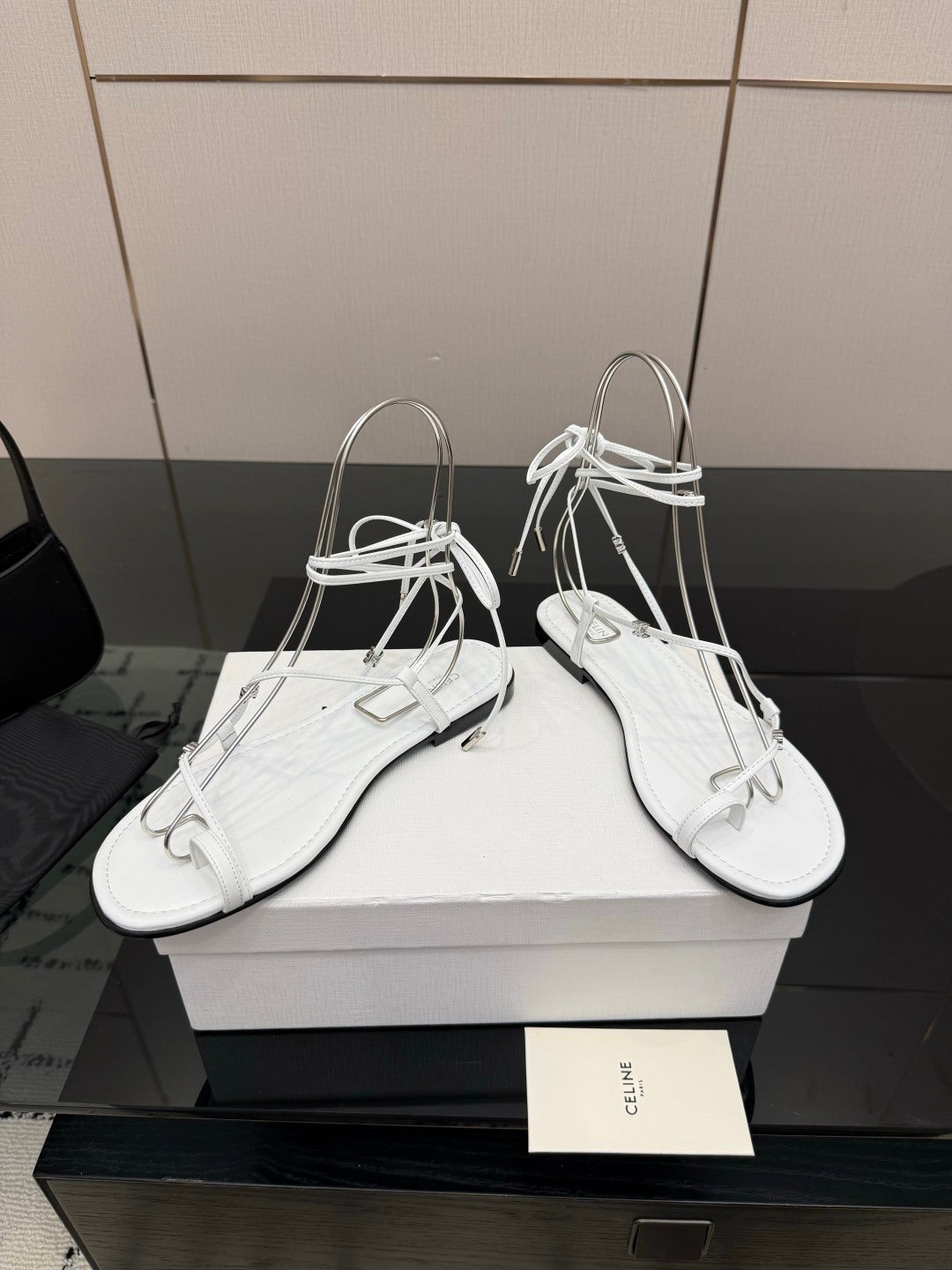 CELINE 26S TRIOMPHE LACE UP FLAT SANDALS IN WHITE CALFSKIN