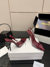 YSL 26S PLEATED SLINGBACK HEELS 105 MM IN DARK RED GLOSSY CALFSKIN AND PVC