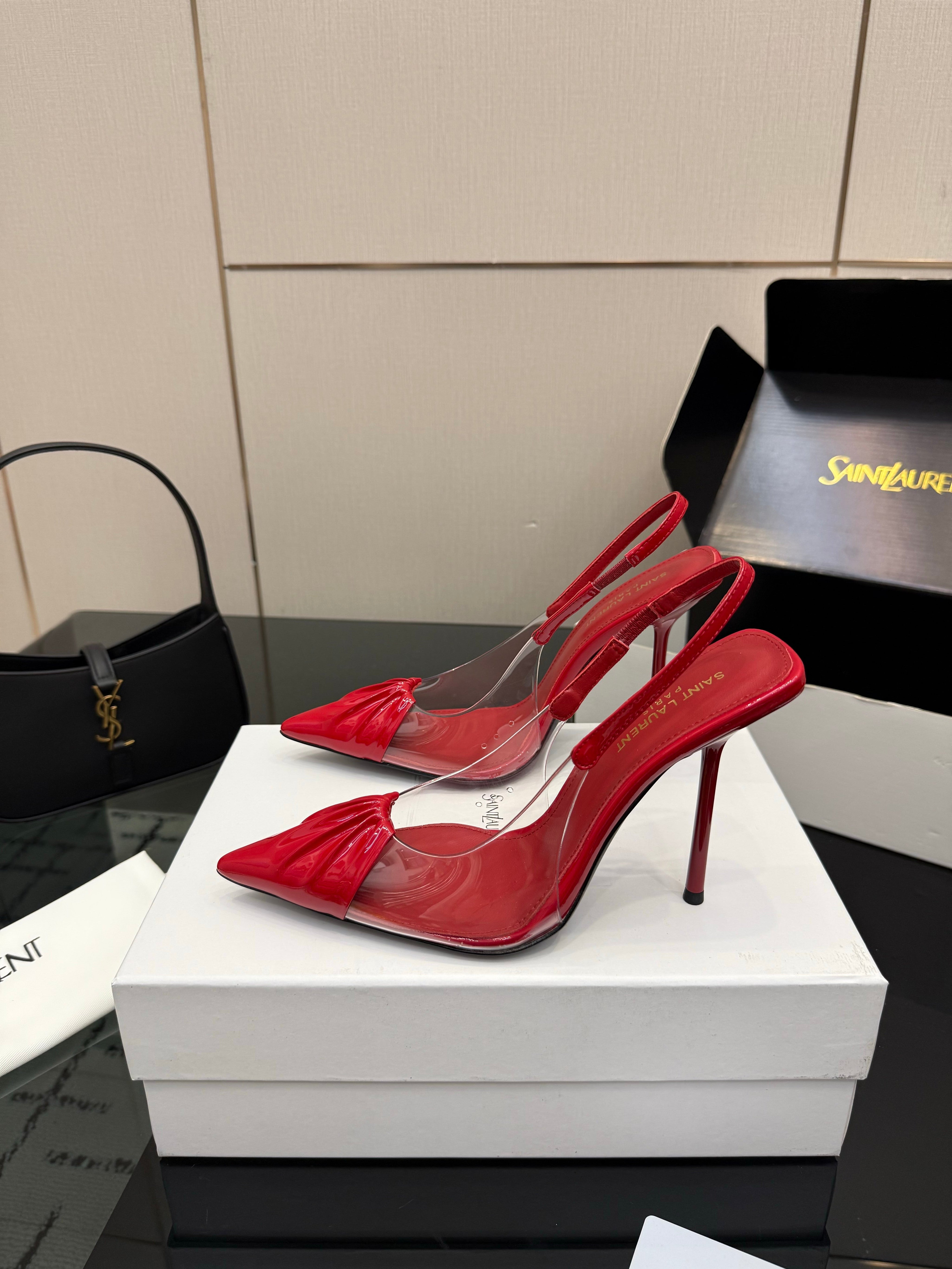 YSL 26S PLEATED SLINGBACK HEELS 105 MM IN RED GLOSSY CALFSKIN AND PVC