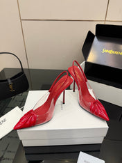 YSL 26S PLEATED SLINGBACK HEELS 105 MM IN RED GLOSSY CALFSKIN AND PVC