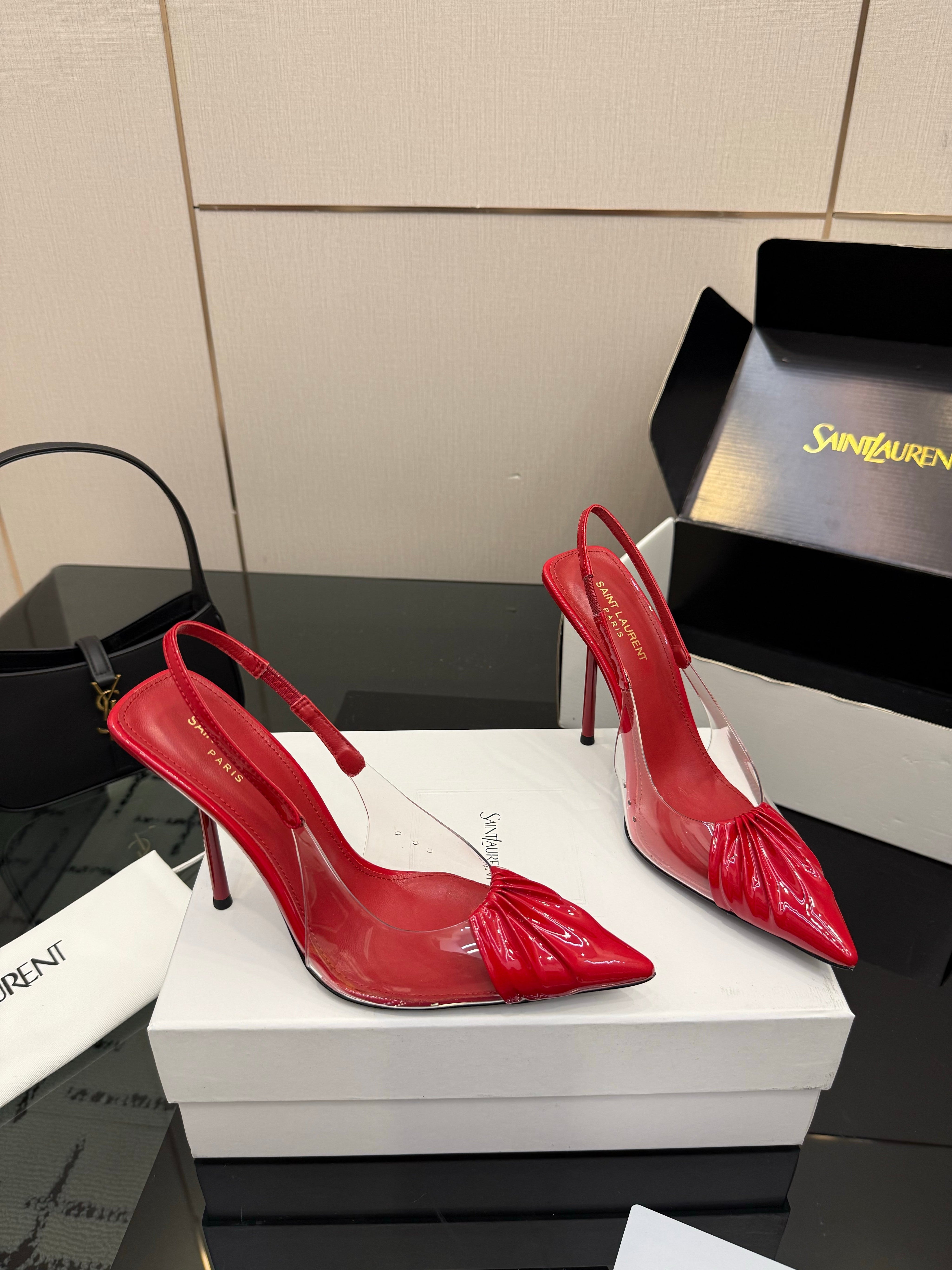 YSL 26S PLEATED SLINGBACK HEELS 105 MM IN RED GLOSSY CALFSKIN AND PVC