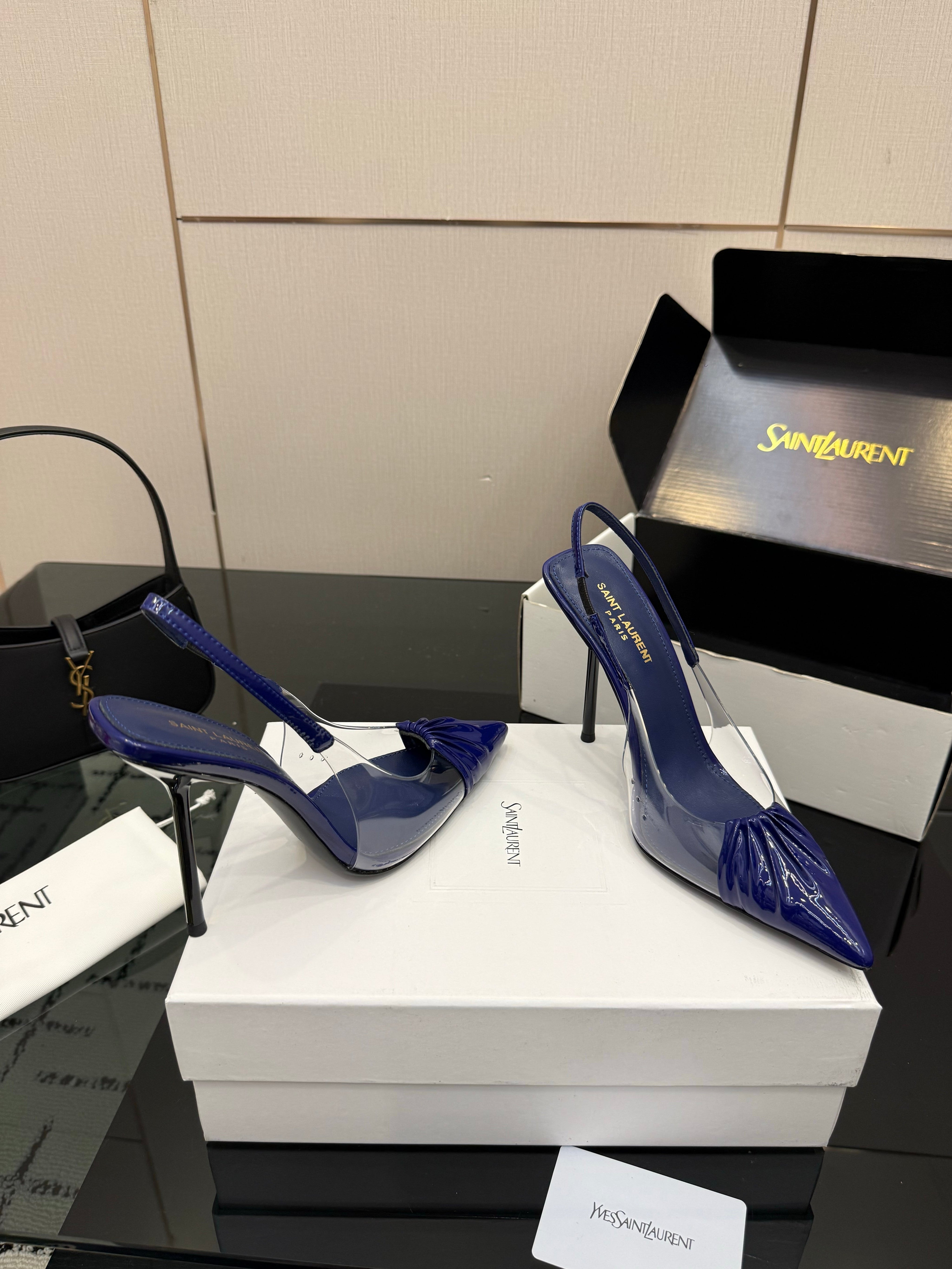 YSL 26S PLEATED SLINGBACK HEELS 105 MM IN NAVY BLUE GLOSSY CALFSKIN AND PVC
