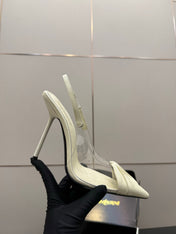 YSL 26S PLEATED SLINGBACK HEELS 105 MM IN CREAM WHITE GLOSSY CALFSKIN AND PVC