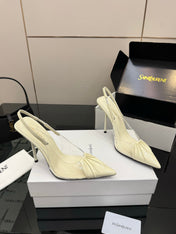 YSL 26S PLEATED SLINGBACK HEELS 105 MM IN CREAM WHITE GLOSSY CALFSKIN AND PVC