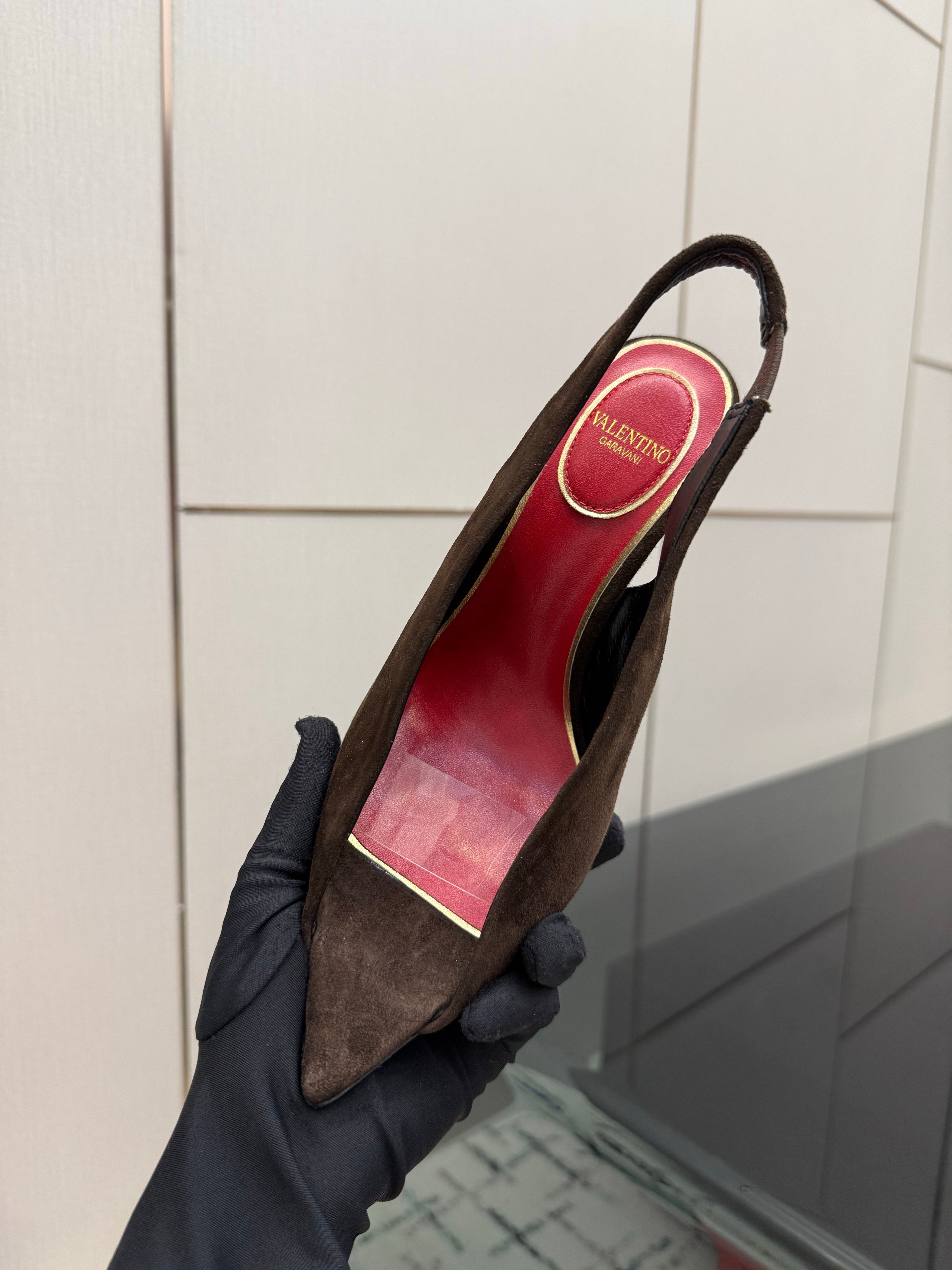 VALENTINO 26S POINTED-TOE SLINGBACKS IN DARK BROWN SUEDE