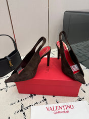 VALENTINO 26S POINTED-TOE SLINGBACKS IN DARK BROWN SUEDE