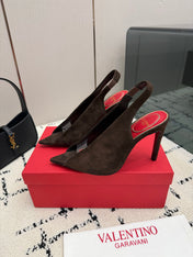 VALENTINO 26S POINTED-TOE SLINGBACKS IN DARK BROWN SUEDE