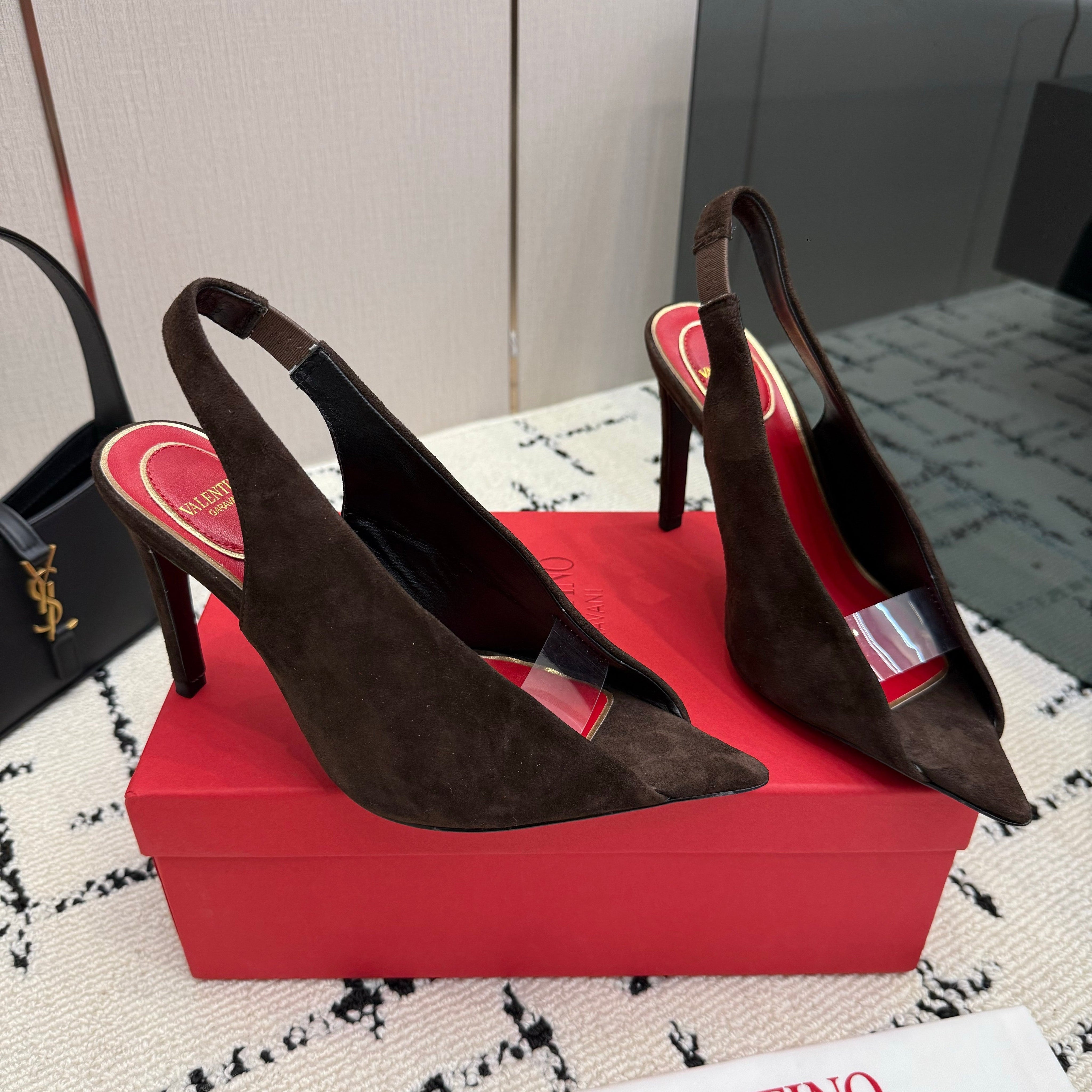 VALENTINO 26S POINTED-TOE SLINGBACKS IN DARK BROWN SUEDE