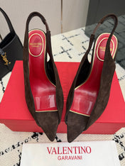 VALENTINO 26S POINTED-TOE SLINGBACKS IN DARK BROWN SUEDE