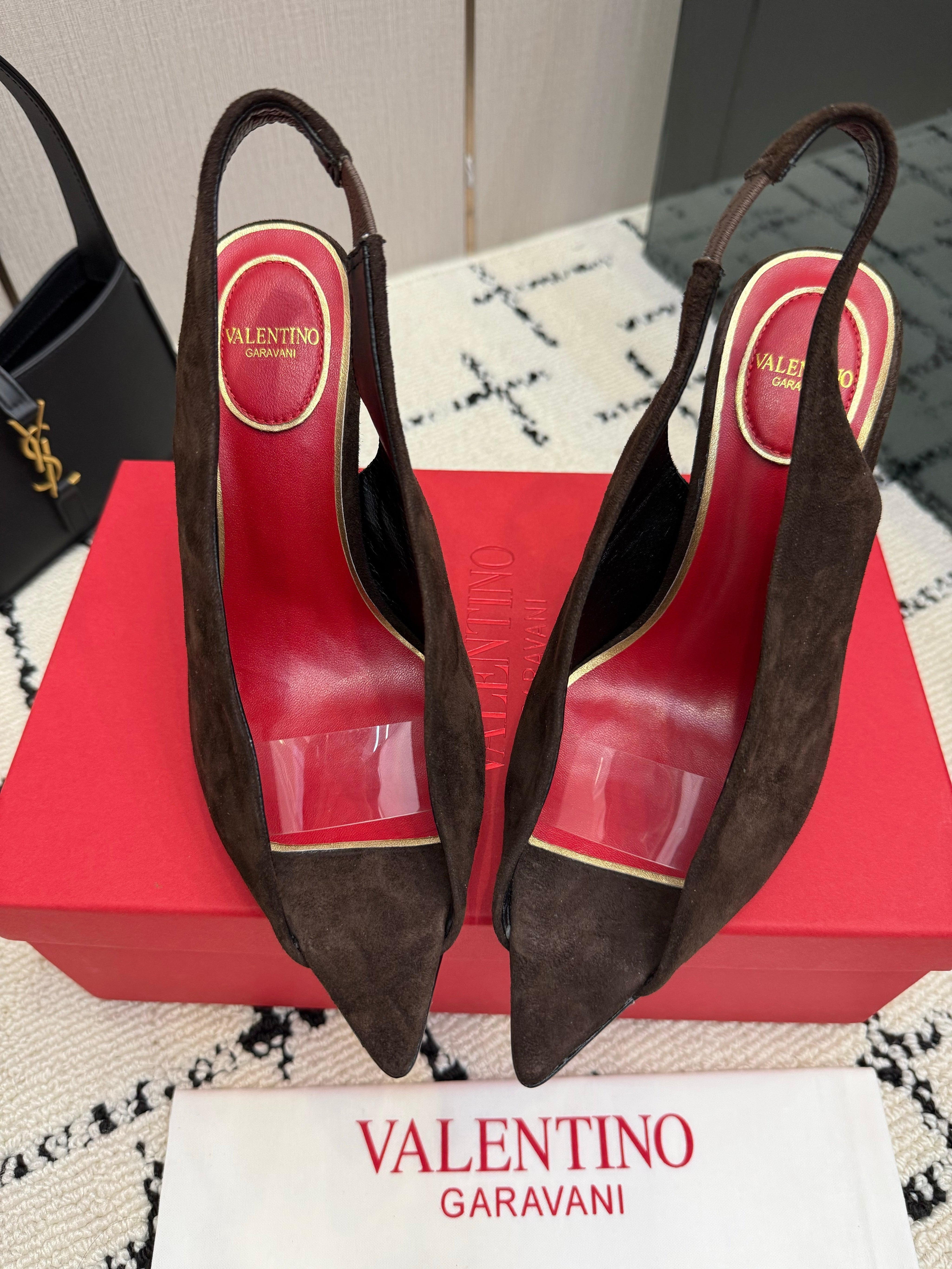 VALENTINO 26S POINTED-TOE SLINGBACKS IN DARK BROWN SUEDE