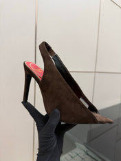 VALENTINO 26S POINTED-TOE SLINGBACKS IN DARK BROWN SUEDE