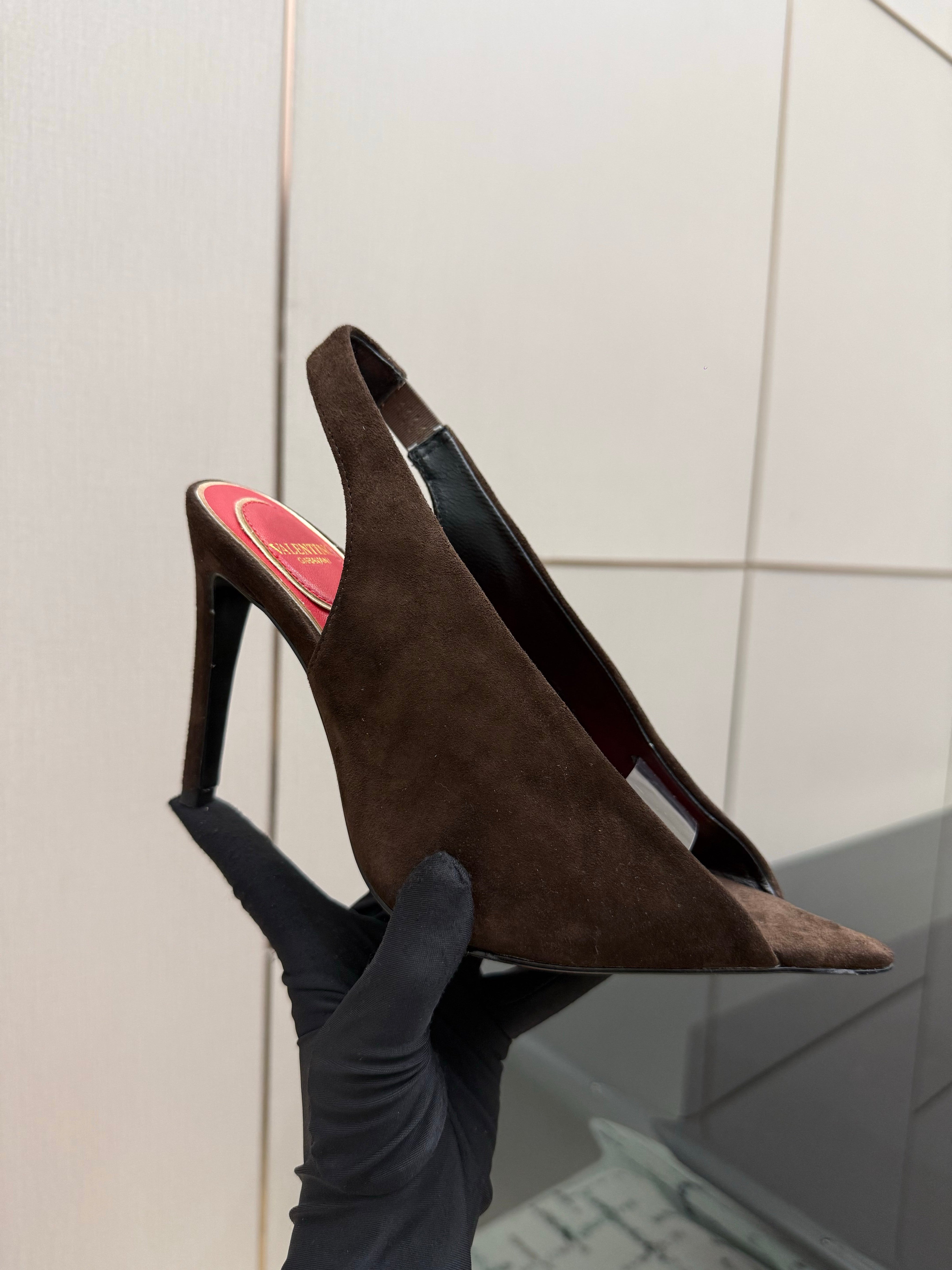 VALENTINO 26S POINTED-TOE SLINGBACKS IN DARK BROWN SUEDE