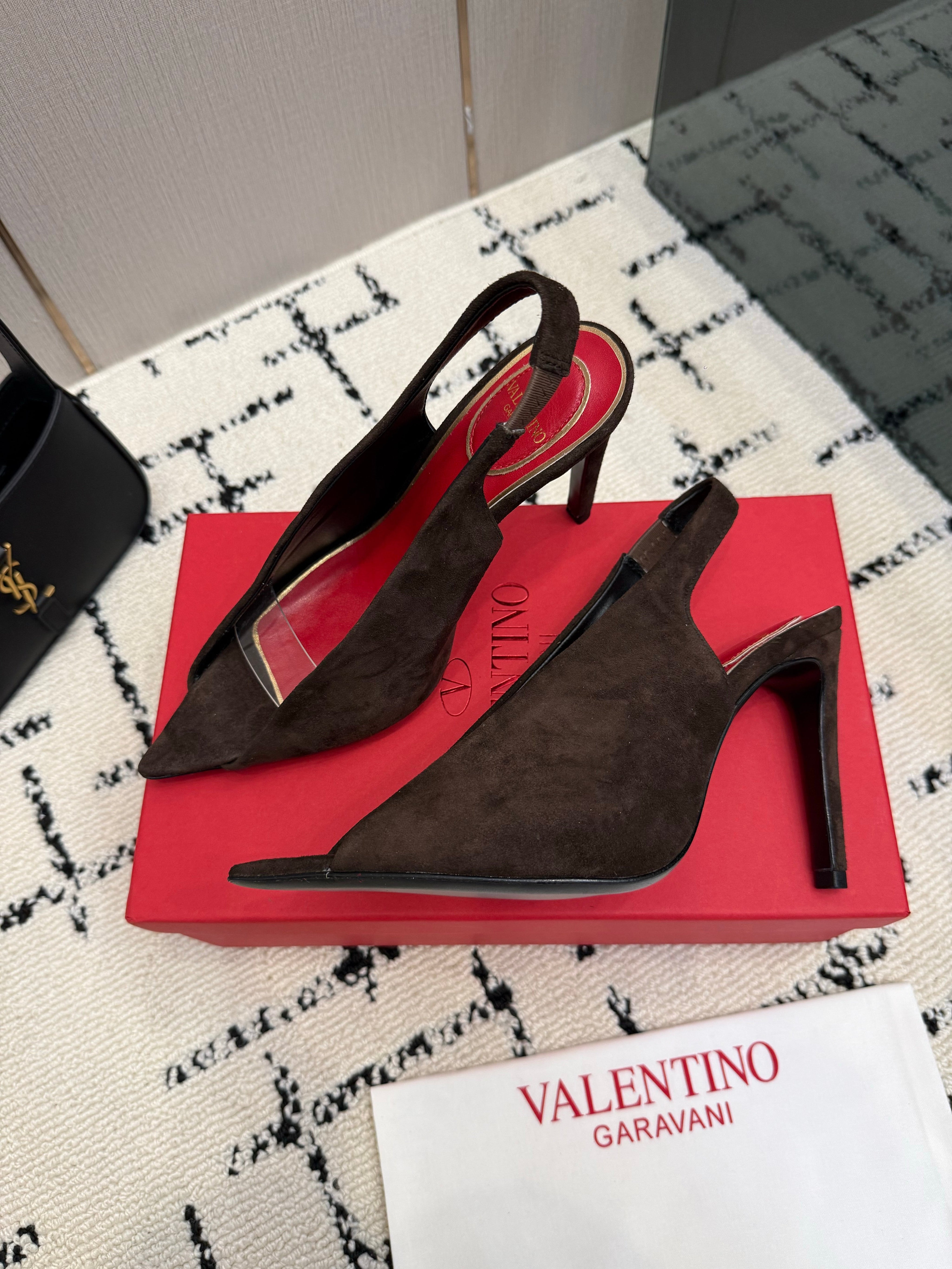 VALENTINO 26S POINTED-TOE SLINGBACKS IN DARK BROWN SUEDE
