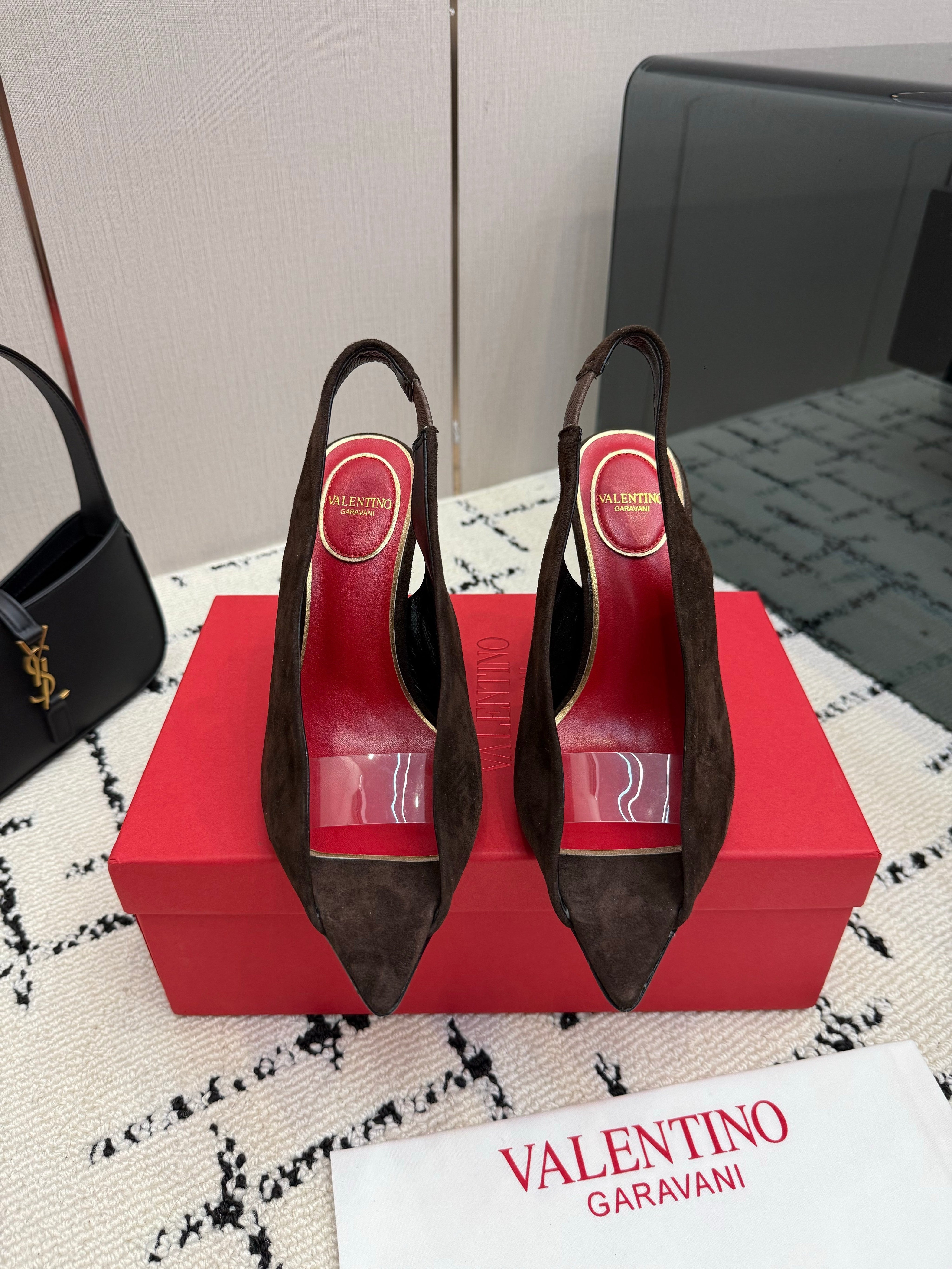VALENTINO 26S POINTED-TOE SLINGBACKS IN DARK BROWN SUEDE