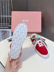 MIUMIU 25S SNEAKERS IN DARK RED SUEDE WITH LEOPARD-PRINT LACES