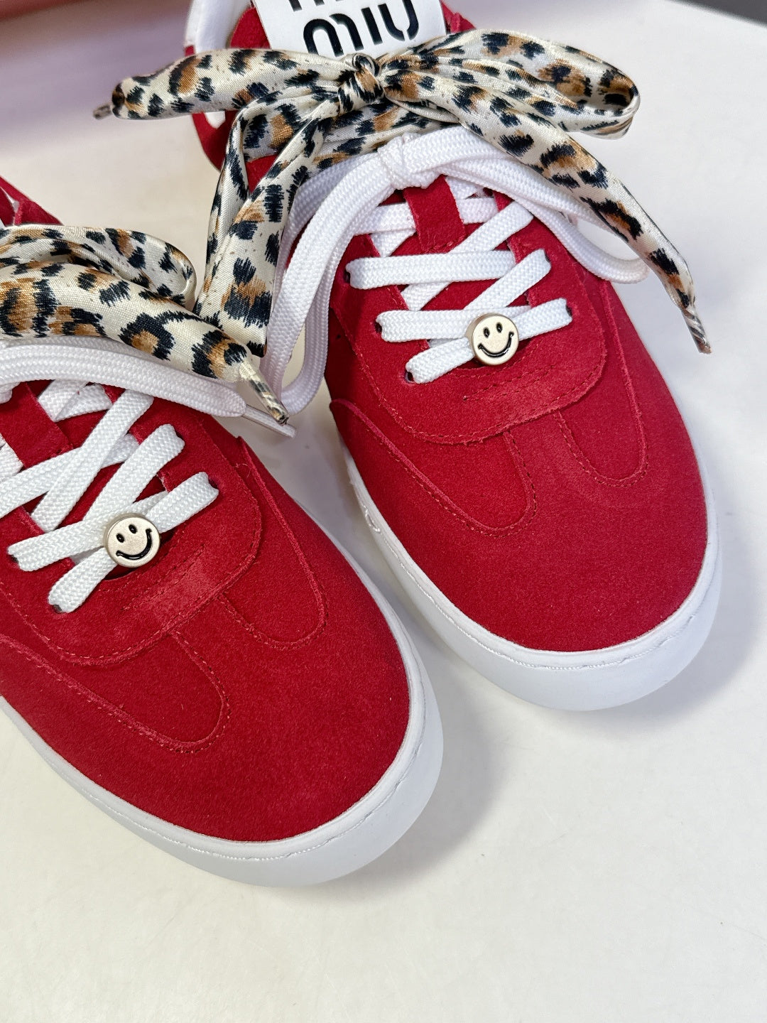 MIUMIU 25S SNEAKERS IN DARK RED SUEDE WITH LEOPARD-PRINT LACES