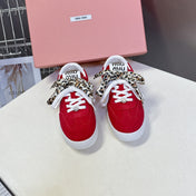 MIUMIU 25S SNEAKERS IN DARK RED SUEDE WITH LEOPARD-PRINT LACES