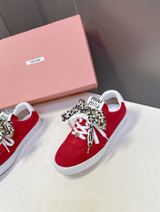 MIUMIU 25S SNEAKERS IN DARK RED SUEDE WITH LEOPARD-PRINT LACES