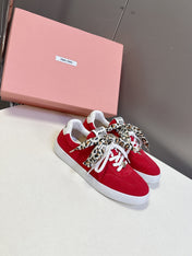 MIUMIU 25S SNEAKERS IN DARK RED SUEDE WITH LEOPARD-PRINT LACES
