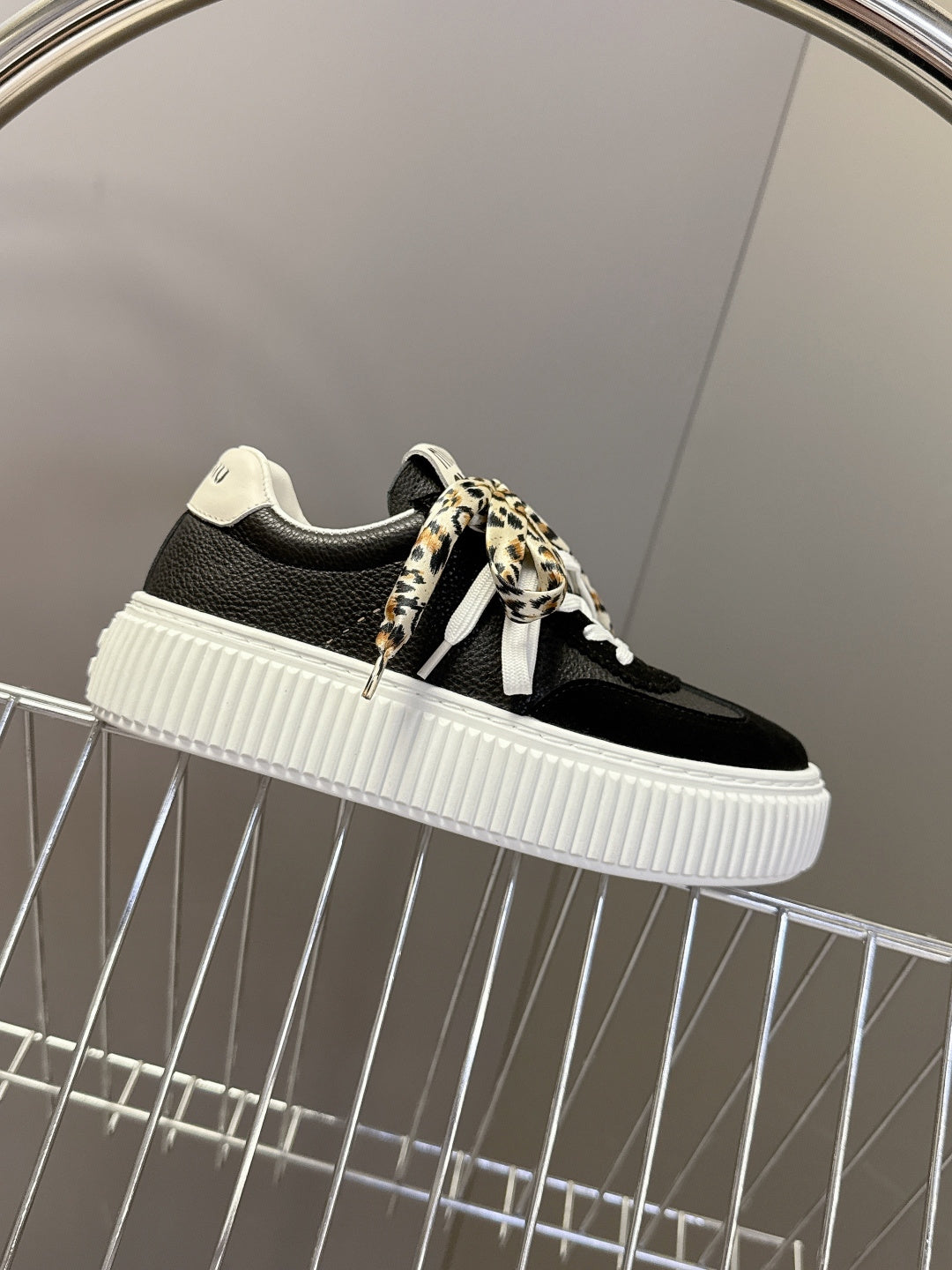 MIUMIU 25S SNEAKERS 45MM IN BLACK SUEDE WITH LEOPARD-PRINT LACES