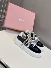 MIUMIU 25S SNEAKERS 45MM IN BLACK SUEDE WITH LEOPARD-PRINT LACES