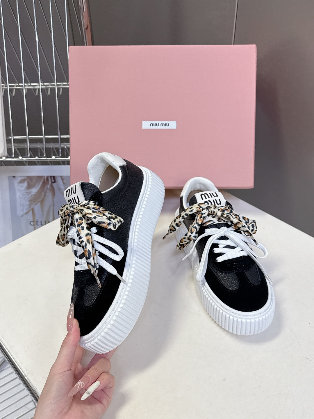MIUMIU 25S SNEAKERS 45MM IN BLACK SUEDE WITH LEOPARD-PRINT LACES