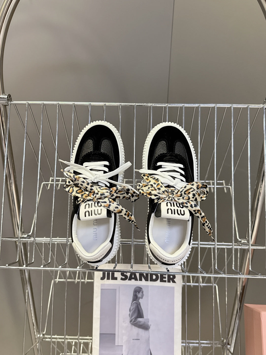 MIUMIU 25S SNEAKERS 45MM IN BLACK SUEDE WITH LEOPARD-PRINT LACES