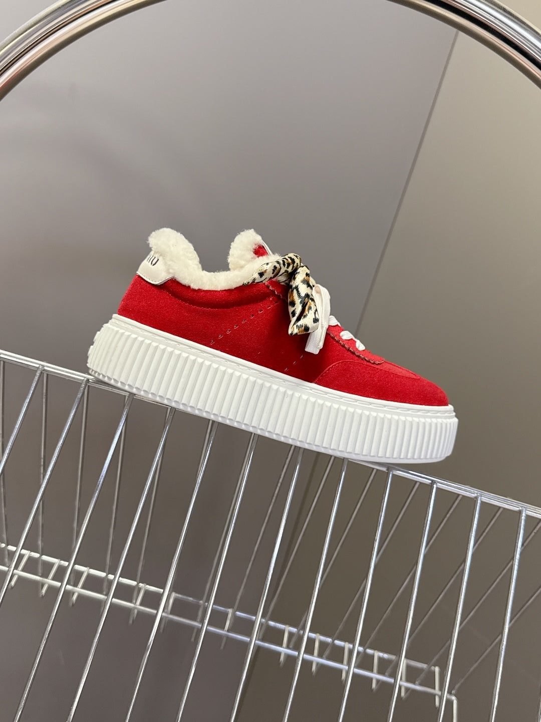MIUMIU 25S SNEAKERS 45MM IN DARK RED SUEDE WITH LEOPARD-PRINT LACES SHEARLING