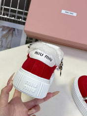 MIUMIU 25S SNEAKERS 45MM IN DARK RED SUEDE WITH LEOPARD-PRINT LACES SHEARLING