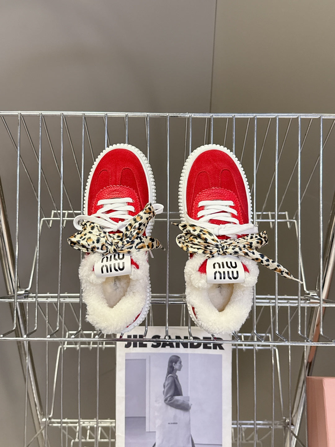 MIUMIU 25S SNEAKERS 45MM IN DARK RED SUEDE WITH LEOPARD-PRINT LACES SHEARLING