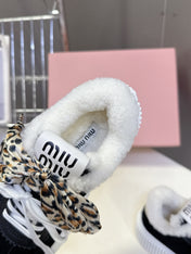 MIUMIU 25S SNEAKERS 45MM IN BLACK SUEDE WITH LEOPARD-PRINT LACES SHEARLING