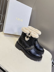 DIORALPS ANKLE BOOTS 25S IN BLACK LAMBSKIN AND BEIGE WOOL WITH SILVER HARDWARE