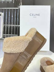 CELINE 26S WEDGE MULES IN SAND BEIGE SUEDE AND WOOL