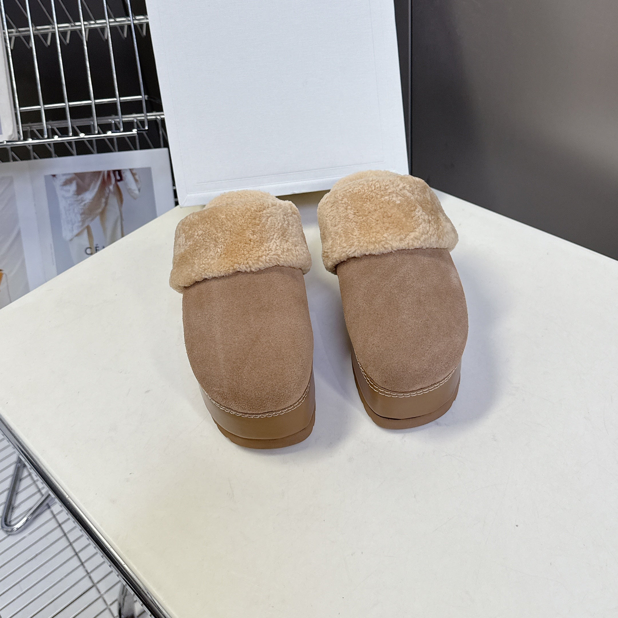 CELINE 26S WEDGE MULES IN SAND BEIGE SUEDE AND WOOL