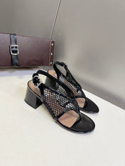 ALAIA 26S MESH THONG HEELS 55 MM IN BLACK PATENT CALFSKIN