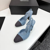 CC SLINGBACK 25S 90 MM IN BLUE DENIM WITH PLAID PATTERN