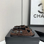 CHANEL 26S FLAT SANDALS IN DARK BROWN SUEDE