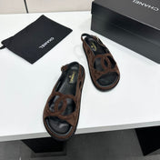 CHANEL 26S FLAT SANDALS IN DARK BROWN SUEDE