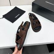 CHANEL 26S FLAT SANDALS IN DARK BROWN SUEDE