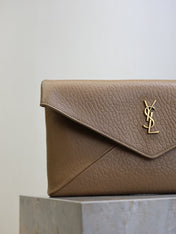 YSL 25S CASSANDRE LARGE ENVELOPE POUCH 29 IN DARK TAUPE CALFSKIN GOLD HARDWRE