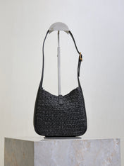 YSL 25S LE 5 À 7 SUPPLE SMALL 16 IN BLACK RAFFIA AND LEATHER GOLD HARDWRE