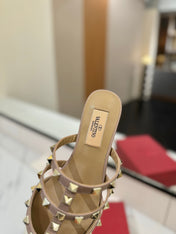 VALENTINO 26S STUDDED FLAT MULES IN WHITE PATENT CALFSKIN
